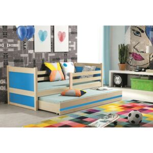 Dětská postel s přistýlkou v dekoru borovice v kombinaci s modrou barvou 90x200 cm F1133