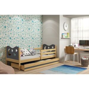 Dětská postel v kombinaci dekoru borovice a grafit barvy s úložným prostorem a matrací 80x190 cm F1377