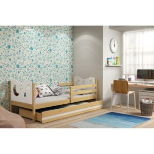Dětská postel v kombinaci dekoru borovice a bílé barvy s úložným prostorem a matrací 80x190 cm F1377