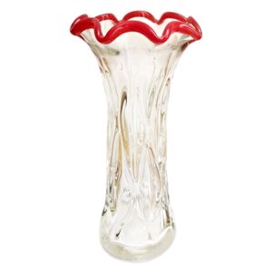 Váza skleněná zvlněná s červeným lemem 30 cm