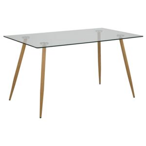 Skleněný jídelní stůl 140x80 cm s kovovou podnoží dubového vzhledu DO182