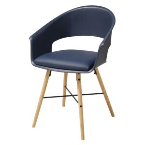 Modrá plastová jídelní židle s čalouněným měkkým sedákem a dřevěnou podnoží SET 4 ks DO168