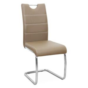 Jídelní židle potažená ekokůží v odstínu cappucino se zdobným prošitím na opěradle a chromovou moderně tvarovanou podstavou TK182