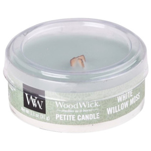 WoodWick - vonná svíčka Petite, Mech bílé vrby 31g (White Willow Moss. Svěží vůně lesa a vrbového dřeva se snoubí s aromatem neroli, dotekem pačuli a 