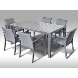 Hliníkový nábytek: stůl Jersey 160cm šedý a 6 stohovatelných polstrovaných křesel Justin