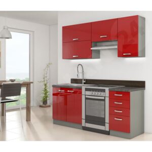 Kuchyně Multiline II, Barva: šedá / červený lesk, Dřez: ano, Příborník: ne, Pracovní deska do kuchyně: s pracovní deskou