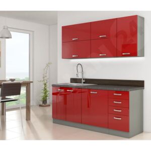 Kuchyně Multiline III, Barva: šedá / červený lesk, Dřez: ano, Příborník: ano, Pracovní deska do kuchyně: s pracovní deskou