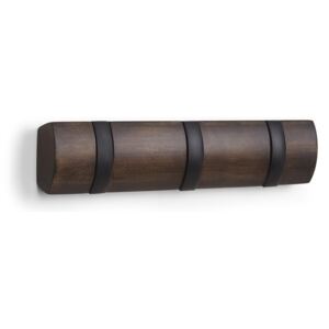 Dřevěný věšák na zeď Umbra Flip 3 s kovovými háčky | tmavě hnědý