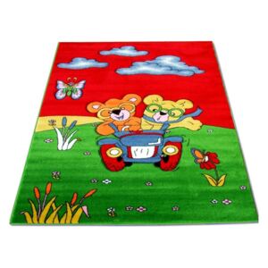 Dětský kusový koberec Medvídci v autě červený, Velikosti 100x200cm