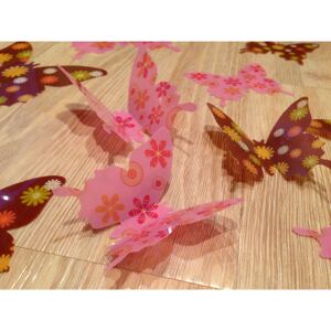3D motýlci růžoví hnědí s kytičkama 12 ks šíře 7 až 12 cm
