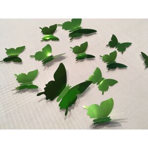 3D motýli na zeď metalická zelená 12 ks 12 x 10 cm