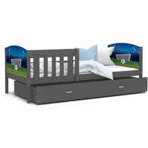 Dětská postel se šuplíkem TAMI R - 160x80 cm - šedá/fotbal