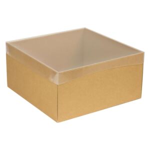 Dárková krabice s průhledným víkem 300x300x150/40 mm, hnědá - kraftová