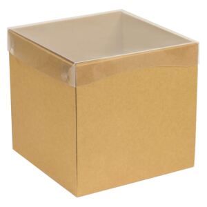 Dárková krabička s průhledným víkem 200x200x200/40 mm, hnědá - kraftová
