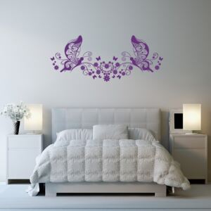 GLIX Motýli na květinách - samolepka na zeď Fialová 100 x 40 cm