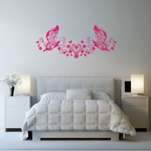 GLIX Motýli na květinách - samolepka na zeď Růžová 100 x 40 cm
