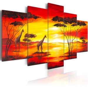 Obraz na plátně - Giraffes on the background with sunset 100x50 cm