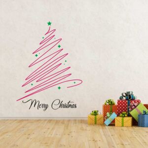 Merry Christmas - samolepka na zeď Zelená a ružová 120 x 90 cm