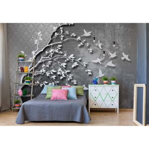 Fototapeta - Grey Birds And Tree Modern Illustration Vliesová tapeta - 416x254 cm
