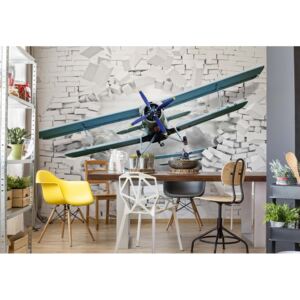 Fototapeta - 3D Plane Bursting Through Brick Wall Vliesová tapeta - 254x184 cm