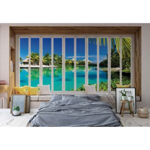 GLIX Fototapeta - 3D Window View Tropical Lagoon Vliesová tapeta - 208x146 cm