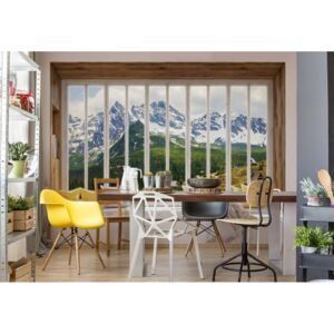 Fototapeta - 3D Window View Mountains Alps Vliesová tapeta - 254x184 cm