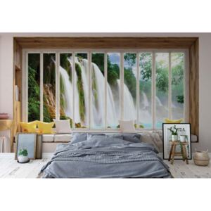 Fototapeta - 3D Window View Waterfall Vliesová tapeta - 416x254 cm