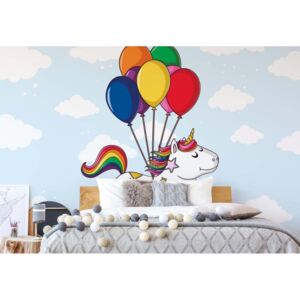 Fototapeta - Flying Unicorn With Balloons Vliesová tapeta - 416x254 cm