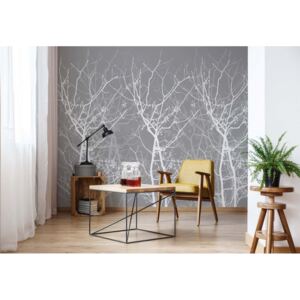 Fototapeta - Silhouette Tree And Birds Grey And White Vliesová tapeta - 254x184 cm