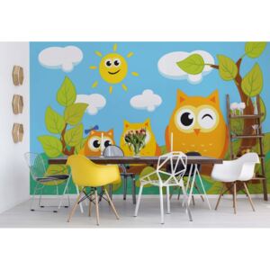 Fototapeta - Kid'S Cartoon Owls In Tree Vliesová tapeta - 208x146 cm