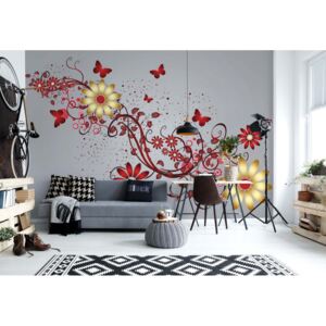 Fototapeta - Modern Design Red Flowers And Butterflies II. Vliesová tapeta - 368x254 cm