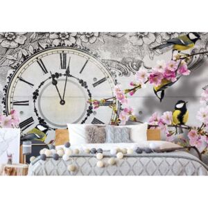 Fototapeta - Birds, Clock, And Cherry Blossom Floral Vintage Design Vliesová tapeta - 416x254 cm