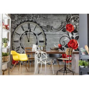 Fototapeta GLIX - Clock And Roses Vintage Wood And Floral + lepidlo ZDARMA Vliesová tapeta - 312x219 cm