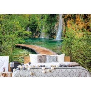 Fototapeta GLIX - Waterfall Lake Walkway Forest + lepidlo ZDARMA Vliesová tapeta - 416x254 cm