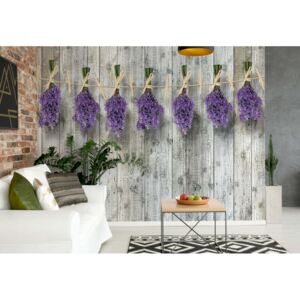 Fototapeta - Lavender Bunches On Wood Plank Wall Vintage Style Vliesová tapeta - 368x254 cm