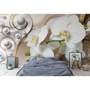 Fototapeta - 3D Ornamental Swirl Design Flowers Orchids Vliesová tapeta - 416x254 cm