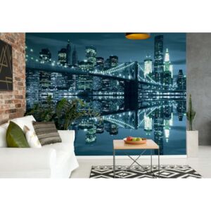 GLIX Fototapeta - New York City Skyline At Night Brooklyn Bridge Blue Light II. Vliesová tapeta - 206x275 cm