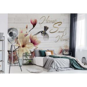 Fototapeta - Magnolia Flowers Wood Planks "Home Sweet Home" Vliesová tapeta - 254x184 cm