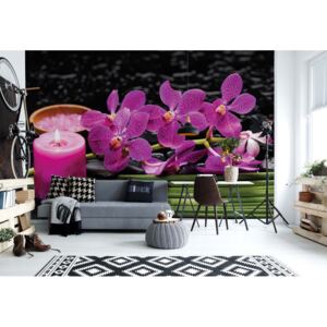 Fototapeta - Purple Orchids Spa Candle Vliesová tapeta - 416x254 cm