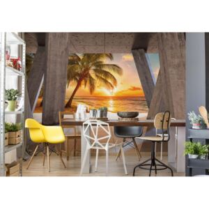 Fototapeta - Sunset Tropical Beach 3D Modern View Concrete Vliesová tapeta - 208x146 cm