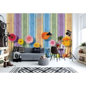 Fototapeta - Sunny Flowers And Colourful Wood Planks II. Vliesová tapeta - 416x254 cm