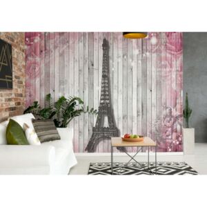 Fototapeta - Eiffel Tower Paris Pink Roses Flowers Vintage Wood Planks Vliesová tapeta - 312x219 cm