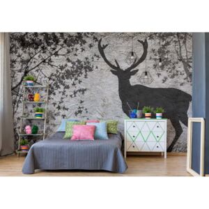 Fototapeta - Stag Tree Silhouette Vintage Design Grey Vliesová tapeta - 416x254 cm