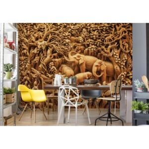 GLIX Fototapeta - 3D Carved Wood Jungle Elephants Sepia Vliesová tapeta - 368x254 cm