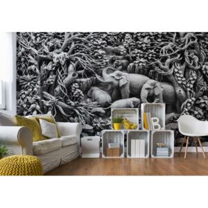 GLIX Fototapeta - 3D Carved Wood Jungle Elephants Black And White Vliesová tapeta - 416x290 cm