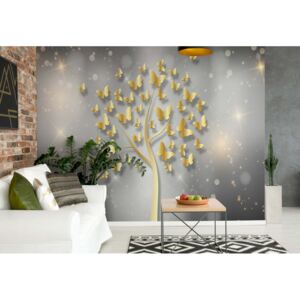GLIX Fototapeta - Modern Butterfly Tree Gold And Silver Vliesová tapeta - 254x184 cm