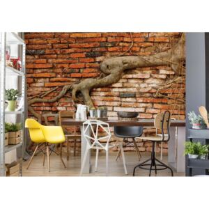 GLIX Fototapeta - Grunge Brick Wall Texture Tree Roots Vliesová tapeta - 416x254 cm