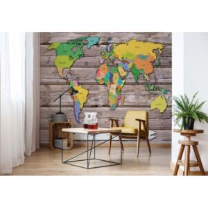 Fototapeta - Political World Map On Wood Background Vliesová tapeta - 254x184 cm