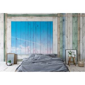 Fototapeta - Painted Wood Planks Blue Window Vliesová tapeta - 416x254 cm