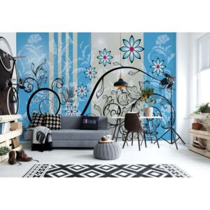 Fototapeta - Modern Floral Design With Swirls Blue Vliesová tapeta - 206x275 cm